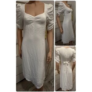 Wilfred Aritzia White Puff Sleeve Midi Dress Sweetheart Neck Ruched Size 2